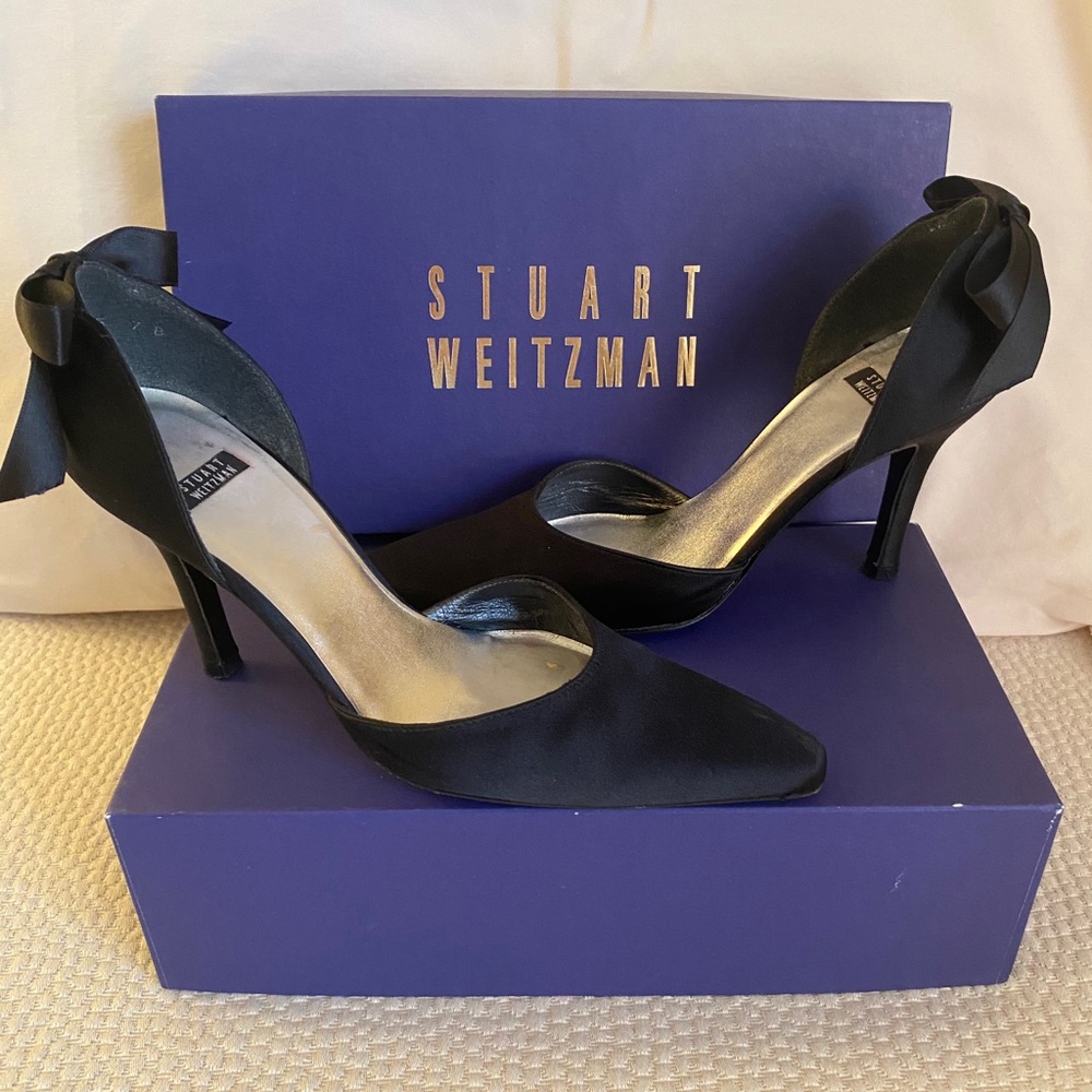 Stuart Weitzman Black Satin Heels with Dior Bows